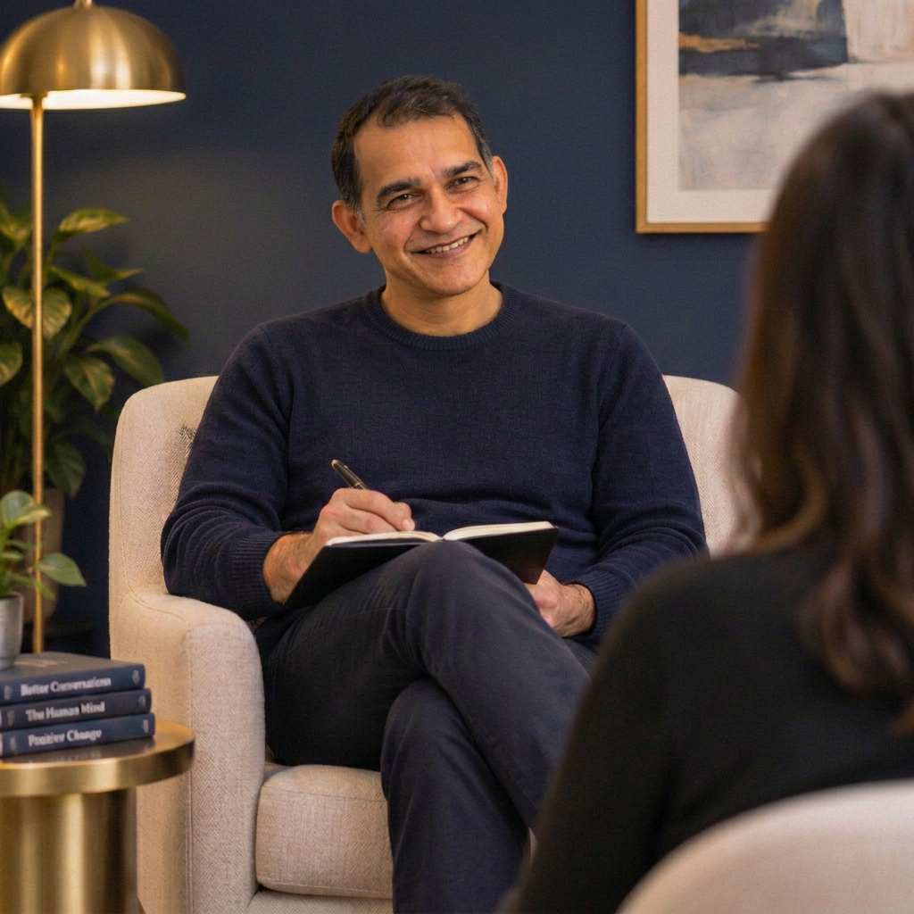 Shiv in a one-to-one NLP coaching conversation, listening and taking notes while a client speaks